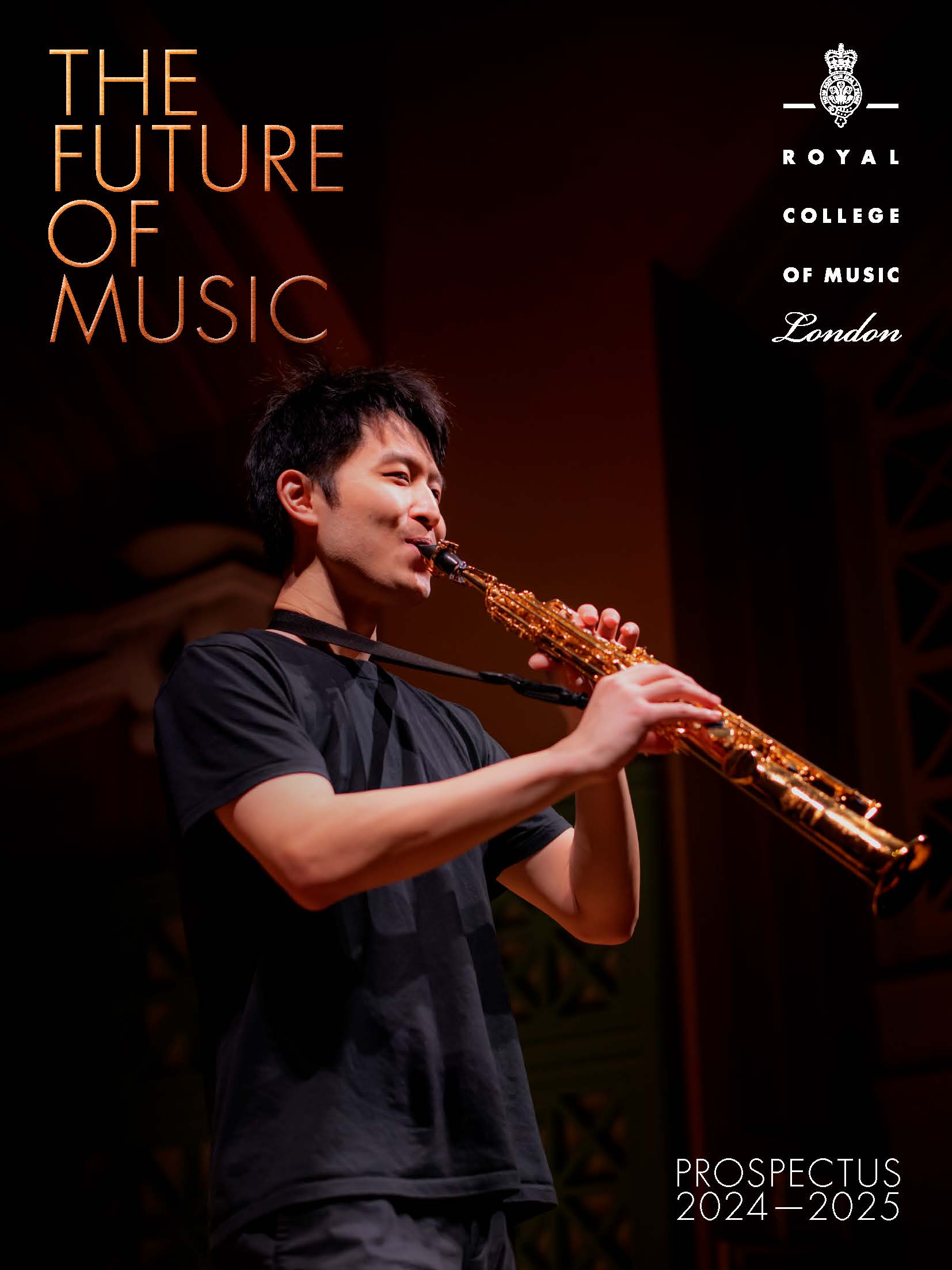 The front cover of the Prospectus 24-25 of a male Asian student playing the telesaxophone, surrounded with by a dimly lit background.